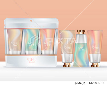 Vector Pastel Abstract Printed Hand Cream Trio Set in Clear & White Packet, Silver Liner. 66489263