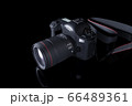 Professional digital camera with a zoom lens and a leather strap on a black background with copy space. View from above. Realistic 3d render. Place for advertising text. Reflection at bottom 66489361