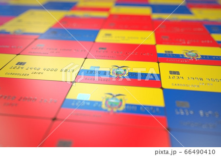 National flag of Ecuador on credit cards. Banking related 3D rendering 66490410
