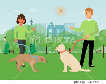 Voluntary people character male, female walking dog flat vector illustration. Volunteer assistant help hound owner, walk city national park. Voluntary people character male, female walking dog flat vector illustration. Volunteer assistant help hound owner, walk city national park. 66490499