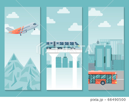 Different travel way business poster, country trip train, airplane and bus flat vector illustration. People journey around world. Different travel way business poster, country trip train, airplane and bus flat vector illustration. People journey around world. 66490500