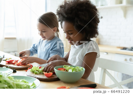Multiracial little girls best friends cooking together in kitchen 66491220