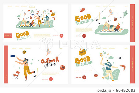 Happy People Enjoy Summer Outdoor Activities Landing Page Template Set. Characters Play Twister, Badminton, Throw Flying Plate and Boomerang. Friends and Family on Picnic. Linear Vector Illustration Happy People Enjoy Summer Outdoor Activities Landing Page Template Set. Characters Play Twister, Badminton, Throw Flying Plate and Boomerang. Friends and Family on Picnic. Linear Vector Illustration 66492083
