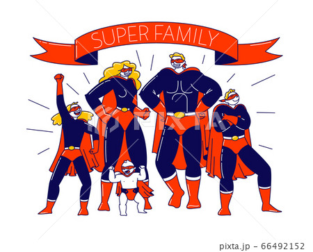 Super Family Concept. Characters Mother, Father, Son, Daughters and Little Baby Playing in Super Heroes. Mommy, Daddy and Children in Superhero Costumes Posing. Linear People Vector Illustration Super Family Concept. Characters Mother, Father, Son, Daughters and Little Baby Playing in Super Heroes. Mommy, Daddy and Children in Superhero Costumes Posing. Linear People Vector Illustration 66492152