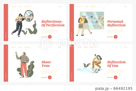 People Look at Mirror Reflection Landing Page Template Set. Self-assessment and Personal Appearance. Characters Admire themselves Passing by Store Showcase Puddle on Ground. Linear Vector Illustration 66492195
