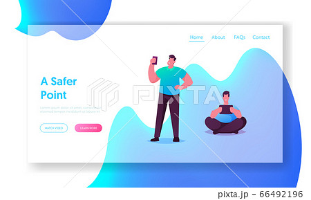 Internet Privacy, Smartphone Communication Landing Page Template. Male Characters Holding Mobile Phone and Tablet Pc Chatting, Texting, Read News Using VPN Service. Cartoon People Vector Illustration 66492196