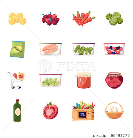 Set of Icons Farm Products Fresh Fruit, Vegetable and Eggs, Raw Fish and Frozen Veggies. Berries Jam in Glass Jar, Lemons and Carrot with Cabbage. Broccoli, Tomato and Oil. Cartoon Vector Illustration Set of Icons Farm Products Fresh Fruit, Vegetable and Eggs, Raw Fish and Frozen Veggies. Berries Jam in Glass Jar, Lemons and Carrot with Cabbage. Broccoli, Tomato and Oil. Cartoon Vector Illustration 66492279
