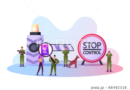 Border Guards Protect Territory. Tiny Male Characters in Military Uniform with Gun Keep Watch on Stop Control Post with Huge Barrier and Service Dog, Check Passport. Cartoon People Vector Illustration 66492316