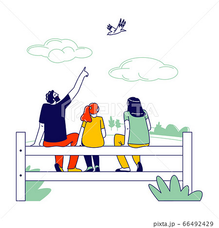Happy Family Characters Mother, Father and Preteen Daughter Sit on Fence Rear View on Nature Background Looking on Birds Flying in Sky. Parents with Kid Sparetime. Linear People Vector Illustration Happy Family Characters Mother, Father and Preteen Daughter Sit on Fence Rear View on Nature Background Looking on Birds Flying in Sky. Parents with Kid Sparetime. Linear People Vector Illustration 66492429