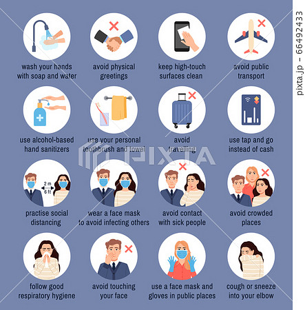 Coronavirus disease Covid-19, flu virus protection icons set in white circles on blue background. Infection prevention tips infographic. Epidemic pandemic health protection Medical vector illustration 66492433