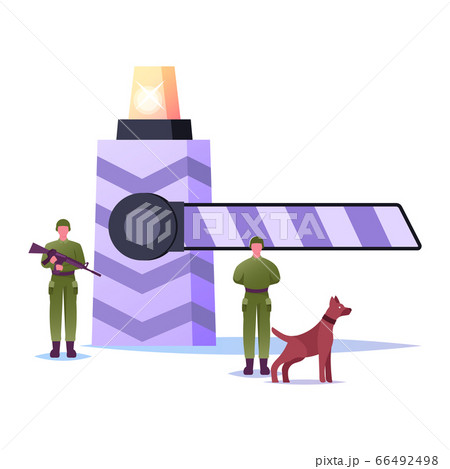 Border Guard Characters with Gun and Dog Protect Border from Illegal Immigrants and Refugees Stand at Stop Control with Barrier. Protection Police, Territory Patrol. Cartoon People Vector Illustration 66492498