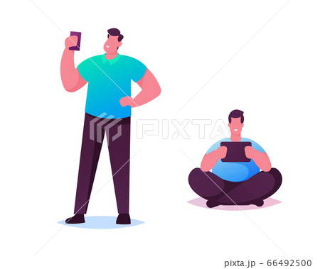 Male Characters Holding Mobile Phone and Tablet Pc Chatting, Texting, Reading Newsfeed on Social Media Using VPN Service. Internet Privacy, Smartphone Communication. Cartoon People Vector Illustration Male Characters Holding Mobile Phone and Tablet Pc Chatting, Texting, Reading Newsfeed on Social Media Using VPN Service. Internet Privacy, Smartphone Communication. Cartoon People Vector Illustration 66492500