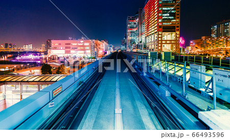 POV train motion blurred concept from the Yuikamome monorail in Tokyo, Japan 66493596