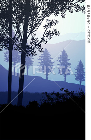 Natural forest mountains horizon hills silhouettes of trees. Evening Sunrise and sunset. Landscape wallpaper. Illustration vector style. Colorful view background. 66493679