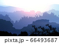 Natural forest mountains horizon hills silhouettes of trees. Evening Sunrise and sunset. Landscape wallpaper. Illustration vector style. Colorful view background. 66493687