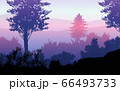 Natural forest mountains horizon hills silhouettes of trees. Evening Sunrise and sunset. Landscape wallpaper. Illustration vector style. Colorful view background. 66493733