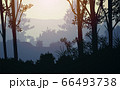 Natural forest mountains horizon hills silhouettes of trees. Evening Sunrise and sunset. Landscape wallpaper. Illustration vector style. Colorful view background. 66493738
