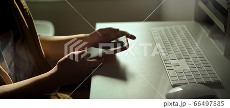Female freelancer using smartphone while sitting Female freelancer using smartphone while sitting 66497885