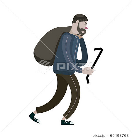 Looter with crowbar and bag. Robber, scrap, criminal character. Vector illustration isolated cartoon flat style Looter with crowbar and bag. Robber, scrap, criminal character. Vector illustration isolated cartoon flat style 66498768
