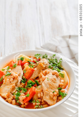 navy bean, veggies and pork stew, top view navy bean, veggies and pork stew, top view 66501005