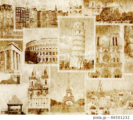 Vintage travel background with retro photos of 66501232