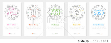 Vertical vector bbq and picnic summer five banners - fresh air, invite friends and fried tools 66503381