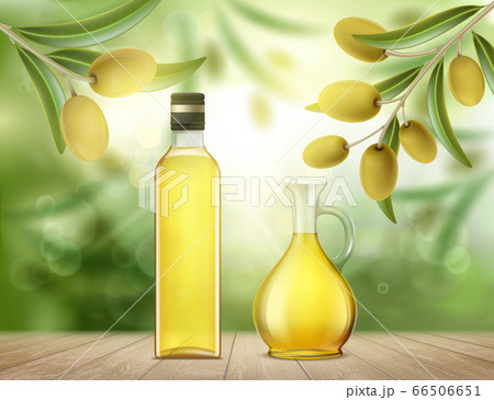 Glass bottle and jug with olive oil. 66506651