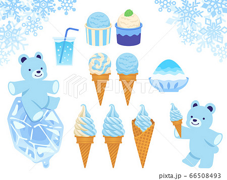 冷たいお菓子のイラストセット アイス ソフトクリーム かき氷 ドリンク のイラスト素材