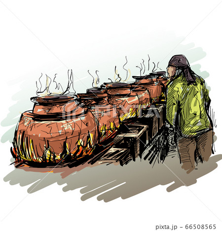 Drawing of Indian cooker at kitchen  66508565