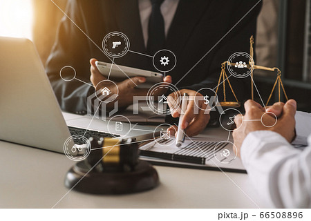 business people and lawyers discussing contract papers sitting at the table. Concepts of law, advice, legal services. in morning light 66508896