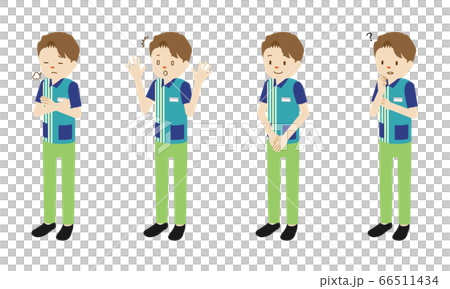 コンビニエンスストアの男性店員の立ち姿4ポーズのイラストセットのイラスト素材
