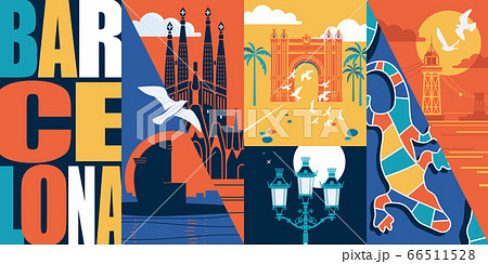 Spain, Catalonia vector skyline illustration, postcard. Travel to Barcelona modern flat graphic design element 66511528