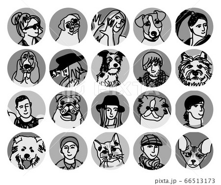 People and pets faces round icons gray scale set 66513173