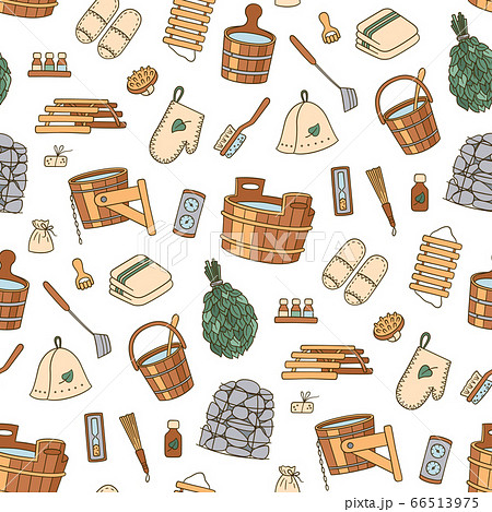 Sauna and Bathhouse accessories. Hand drawn seamless pattern. 66513975