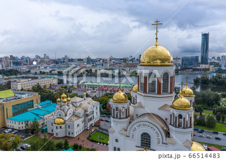 Church on Blood on place there was killed russia rey Romanov famaly, Russia, Ekaterinburg. Drone aerial view 66514483