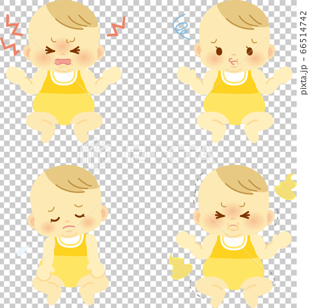 ベビー服を着たご機嫌斜めな表情の赤ちゃんセット ベビー全身イラスト10のイラスト素材