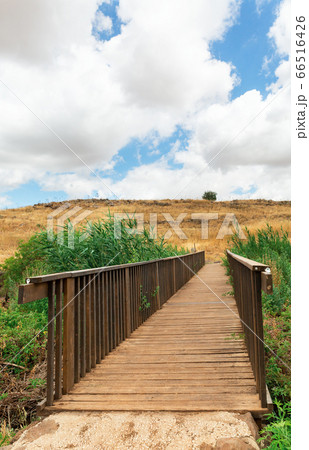 wooden bridge over a stream 66516426