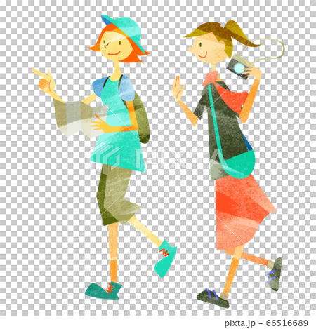 兩個女人享受城市漫步水彩紋理 兩個女人享受城市漫步水彩紋理 66516689