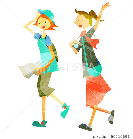 旅行を楽しむ２人の女性 水彩テクスチャのイラスト素材