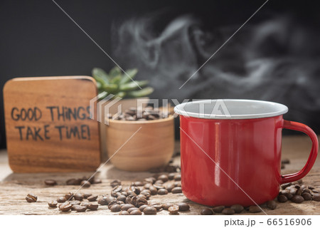 Steam coffee red cup with text,roasted beans and Steam coffee red cup with text,roasted beans and 66516906