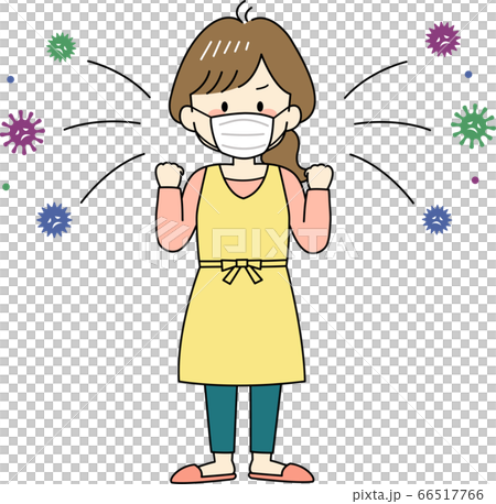 圍裙的家庭主婦戴著口罩防止感染（全身） 66517766