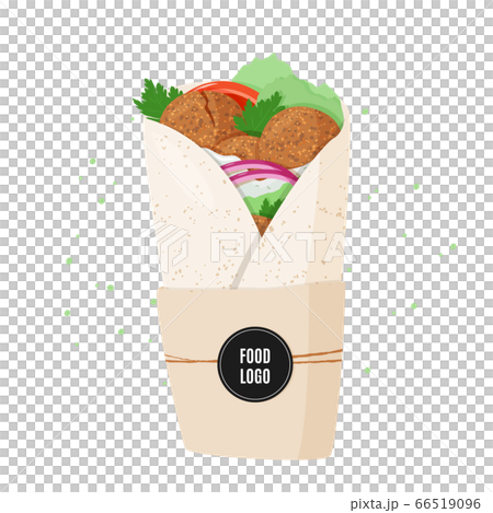 Traditional dish of Jewish cuisine Falafel pita roll. Vegetarian food, vegetable wrap with black sample logo sticker. Isolated on white background. 66519096