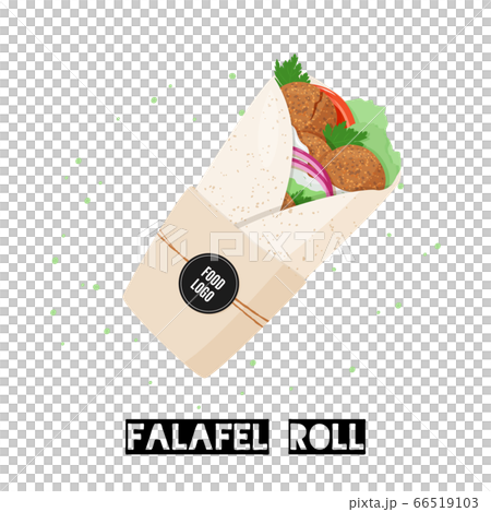 Traditional dish of Jewish cuisine Falafel pita roll. Vegetarian food, vegetable wrap with black sample logo sticker. Isolated on white background. 66519103