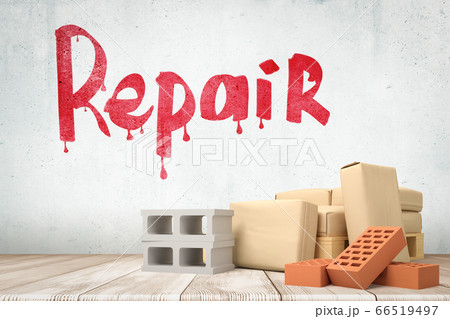 3d rendering of bricks with 'Repair' sign on white wooden floor background 3d rendering of bricks with 'Repair' sign on white wooden floor background 66519497