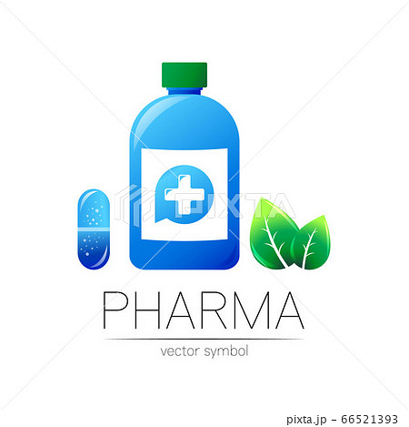 Pharmacy vector symbol with blue bottle and cross in circle, green leaf, for pharmacist, pharma store, doctor and medicine. Modern design logo on white. Pharmaceutical icon logotype with pill capsule Pharmacy vector symbol with blue bottle and cross in circle, green leaf, for pharmacist, pharma store, doctor and medicine. Modern design logo on white. Pharmaceutical icon logotype with pill capsule 66521393