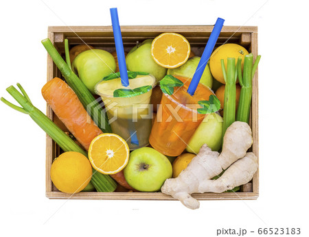 Juice Cups with space for logo in the vegetable drawer with fruit pple, lemon, carrot, celery, ginger, Juice Cups with space for logo in the vegetable drawer with fruit pple, lemon, carrot, celery, ginger, 66523183