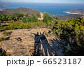 top view of the monastery of Sant Pere de Rodes and and shadows of happy tourists top view of the monastery of Sant Pere de Rodes and and shadows of happy tourists 66523187