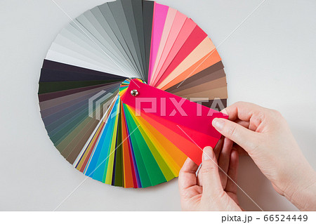 丸型展開のカラフルな配色カードを持っている女性の両手の写真素材