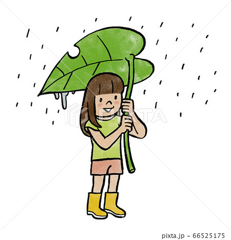 葉っぱの傘をさす女の子のイラスト素材
