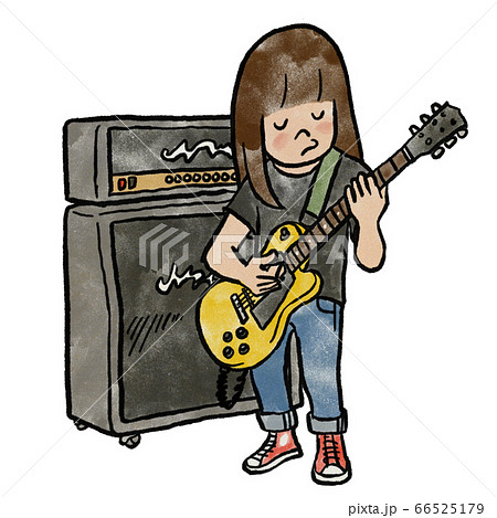 アンプの前でエレキギターを弾く女の子のイラスト素材